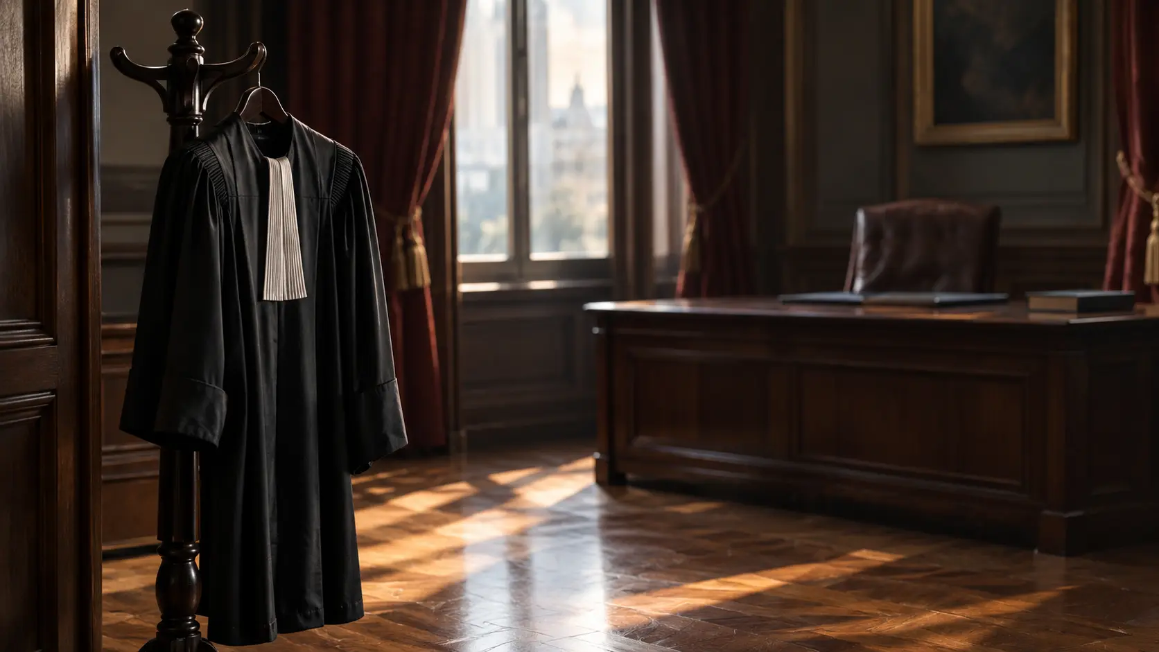 Toge de magistrat suspendue à un portemanteau de bois dans un bureau désert