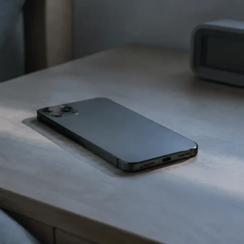 Téléphone éteint posé face contre table près d'un réveil, à l'aube