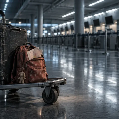 Hall d'aéroport désert à l'aube, sac d'écolier posé sur un chariot à bagages
