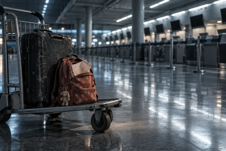 Hall d'aéroport désert à l'aube, sac d'écolier posé sur un chariot à bagages