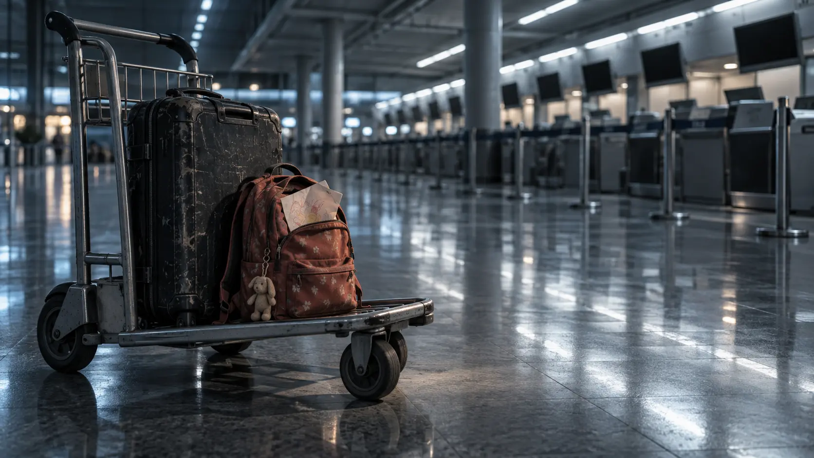 Hall d'aéroport désert à l'aube, sac d'écolier posé sur un chariot à bagages