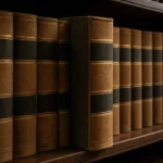 Rangée de recueils juridiques reliés dont un volume dépasse légèrement
