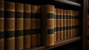 Rangée de recueils juridiques reliés dont un volume dépasse légèrement