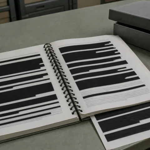 Rapport institutionnel ouvert sur une table, ses pages couvertes de larges bandes noires de caviardage.
