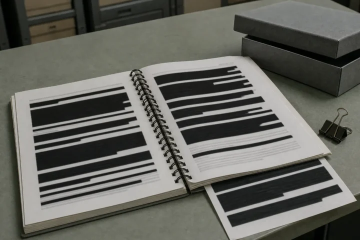 Rapport institutionnel ouvert sur une table, ses pages couvertes de larges bandes noires de caviardage.