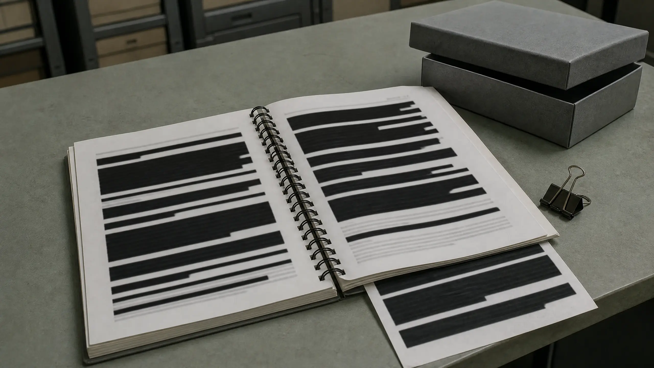 Rapport institutionnel ouvert sur une table, ses pages couvertes de larges bandes noires de caviardage.