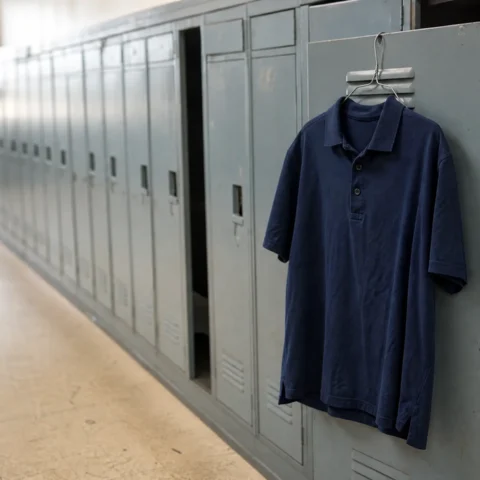 Rangée de casiers d'école, un polo marine sur un cintre accroché à une porte ouverte