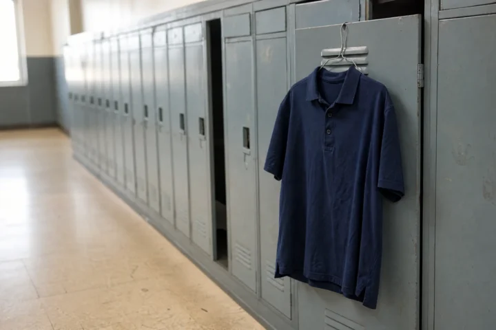 Rangée de casiers d'école, un polo marine sur un cintre accroché à une porte ouverte