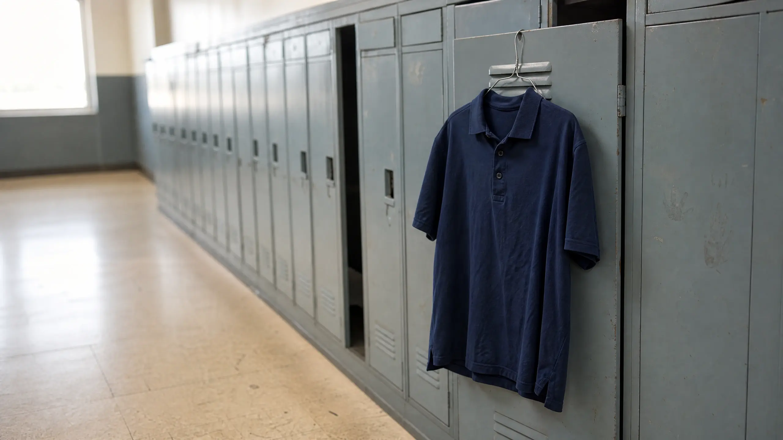 Rangée de casiers d'école, un polo marine sur un cintre accroché à une porte ouverte
