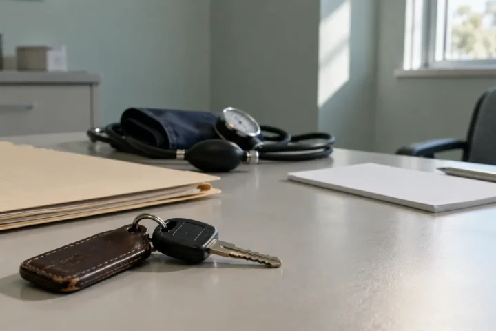Trousseau de clés de voiture posé sur un bureau de consultation médicale, près d'un dossier fermé et d'un brassard de tensiomètre.