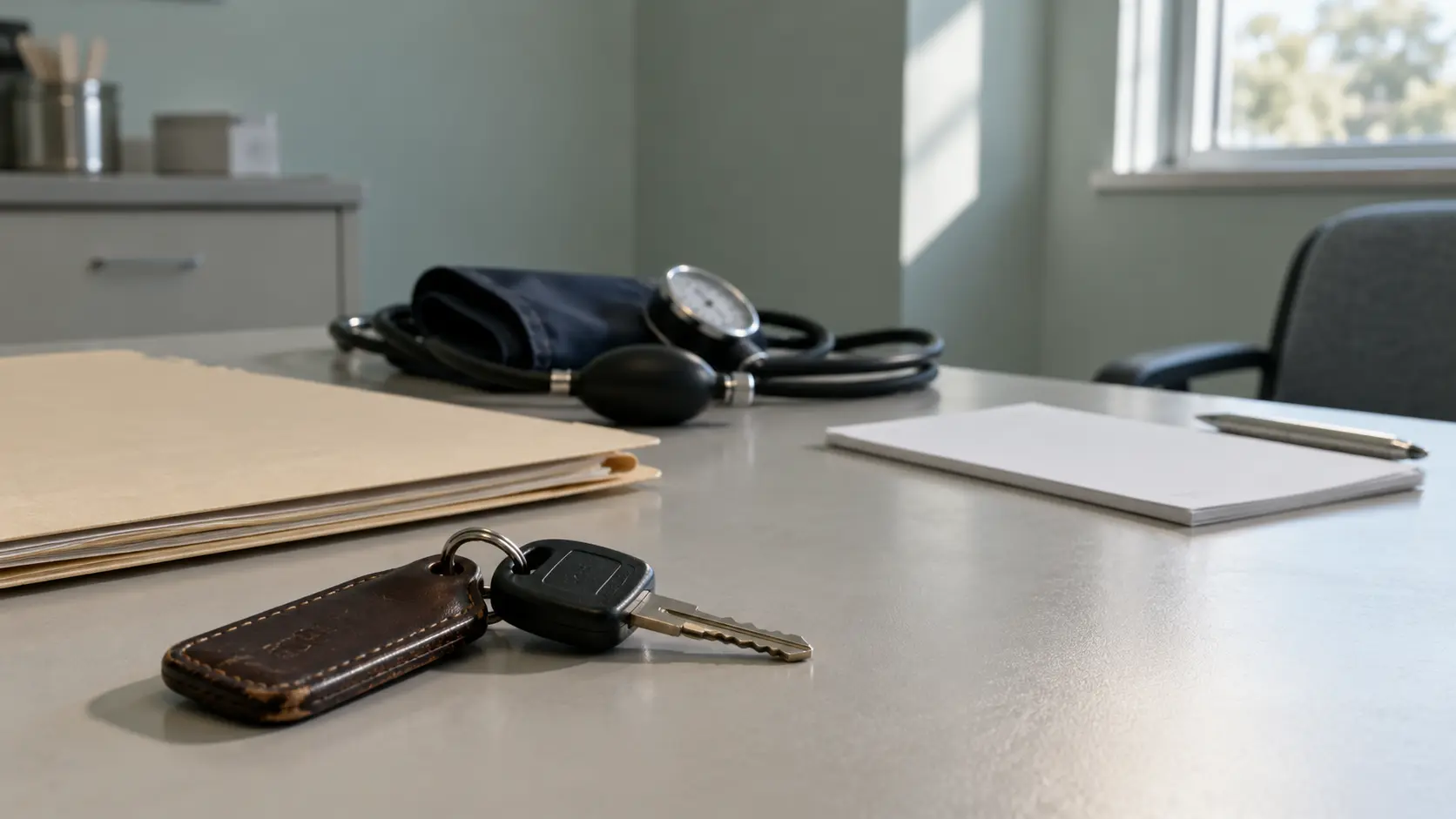 Trousseau de clés de voiture posé sur un bureau de consultation médicale, près d'un dossier fermé et d'un brassard de tensiomètre.