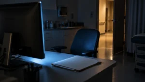 Écran d’ordinateur allumé dans un bureau de clinique vide, la nuit