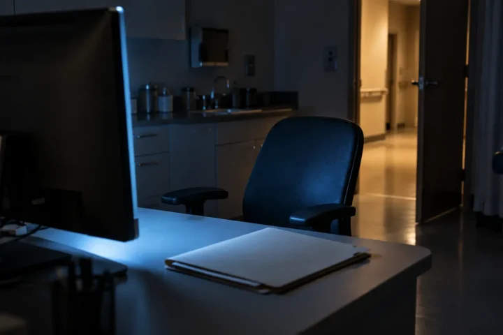Écran d’ordinateur allumé dans un bureau de clinique vide, la nuit