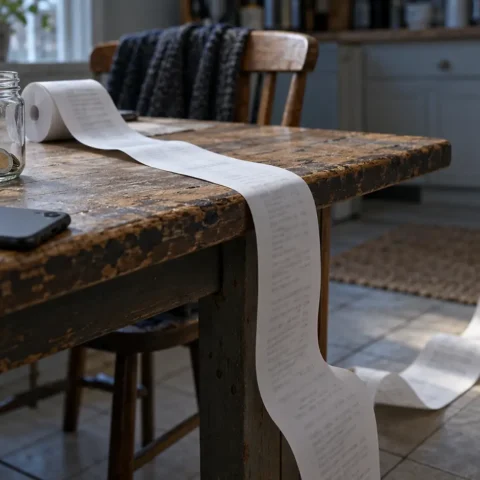 Bocal de monnaie et long reçu déroulé sur une table de cuisine