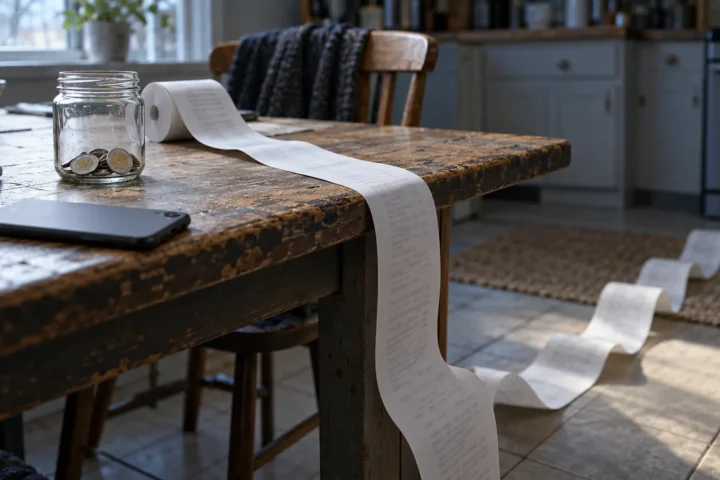 Bocal de monnaie et long reçu déroulé sur une table de cuisine