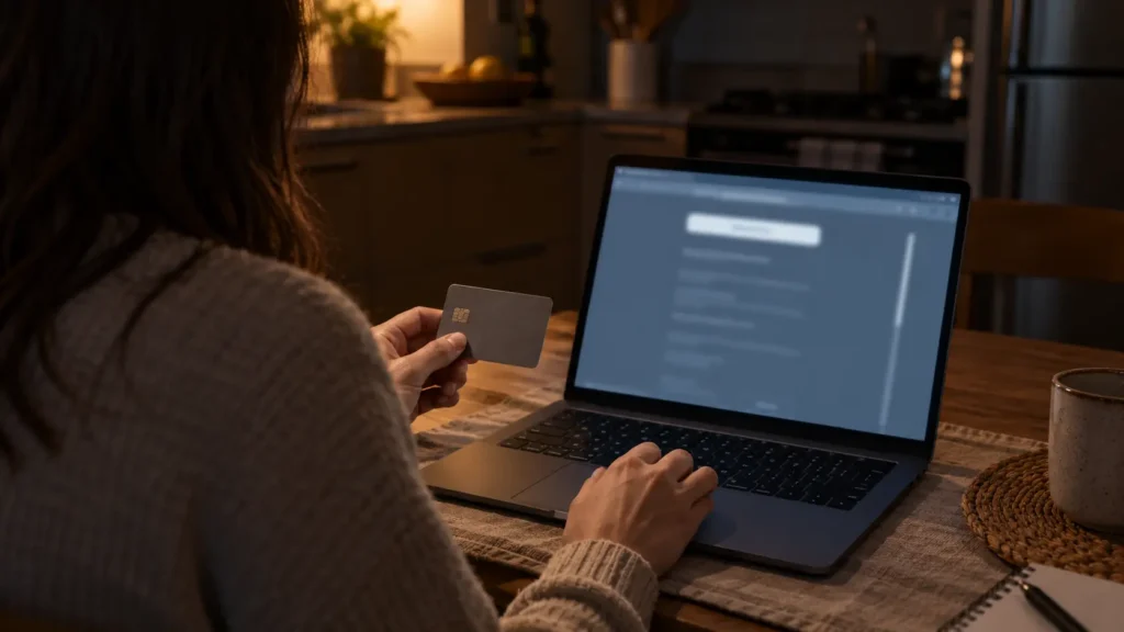 Abonné de dos, carte de paiement en main, devant une page de renouvellement en ligne