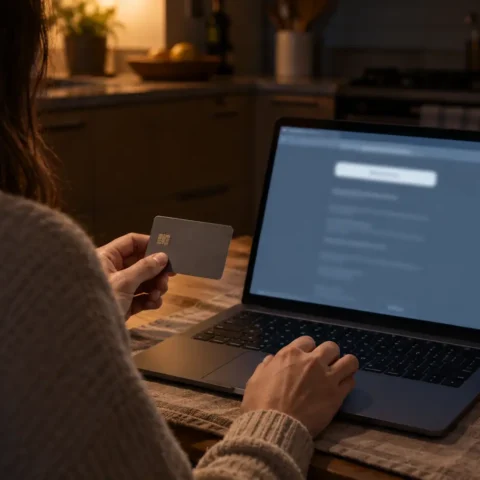 Abonné de dos, carte de paiement en main, devant une page de renouvellement en ligne
