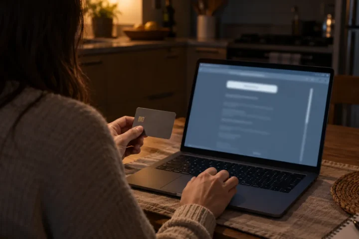 Abonné de dos, carte de paiement en main, devant une page de renouvellement en ligne