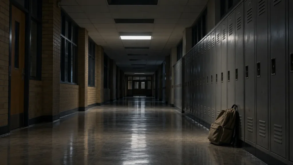 Corridor d’école secondaire désert, casiers fermés et un sac à dos oublié