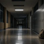 Corridor d’école secondaire désert, casiers fermés et un sac à dos oublié