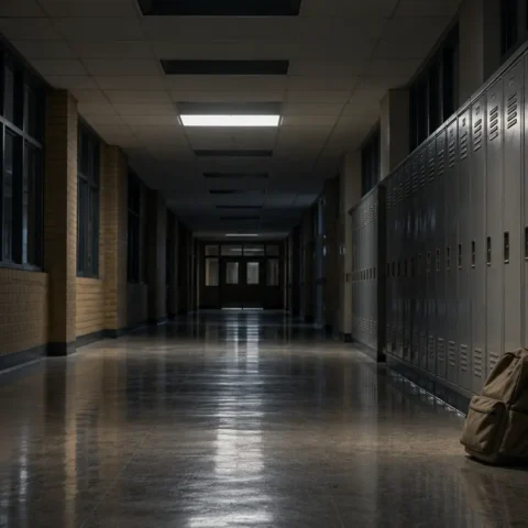 Corridor d’école secondaire désert, casiers fermés et un sac à dos oublié