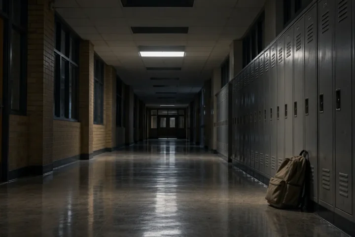 Corridor d’école secondaire désert, casiers fermés et un sac à dos oublié
