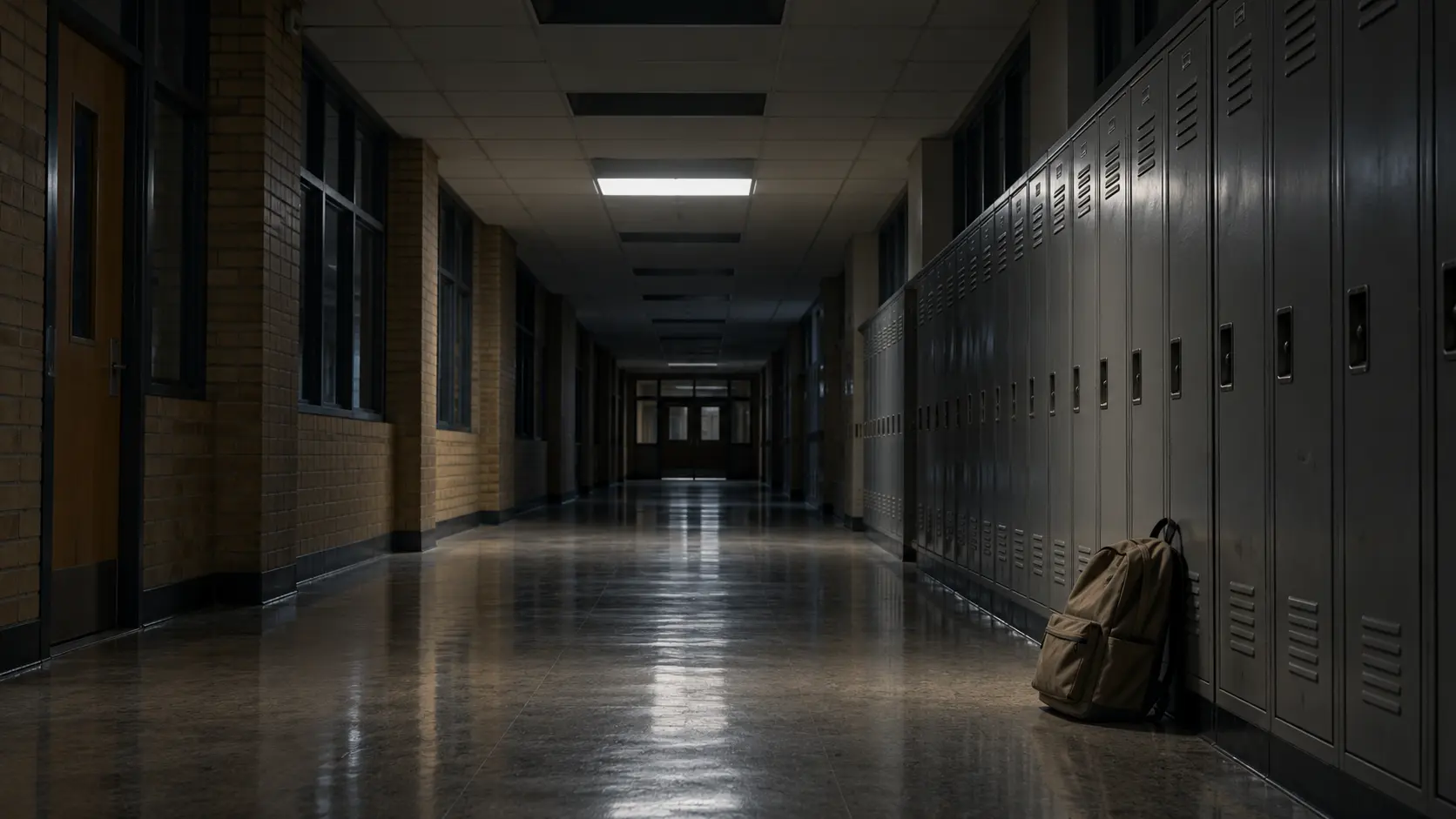 Corridor d’école secondaire désert, casiers fermés et un sac à dos oublié