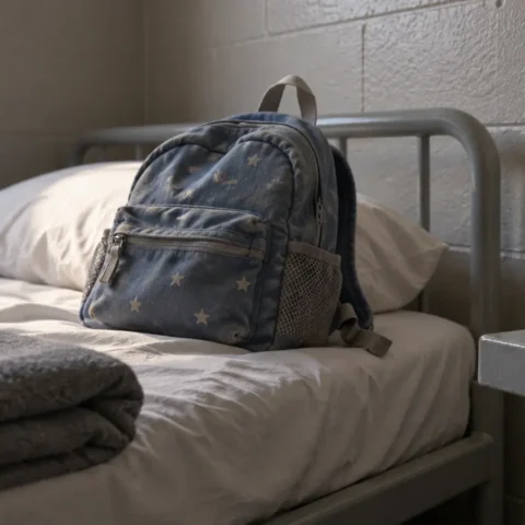 Sac à dos d'enfant sur un lit d'établissement, près d'un bocal contenant quelques billets et pièces