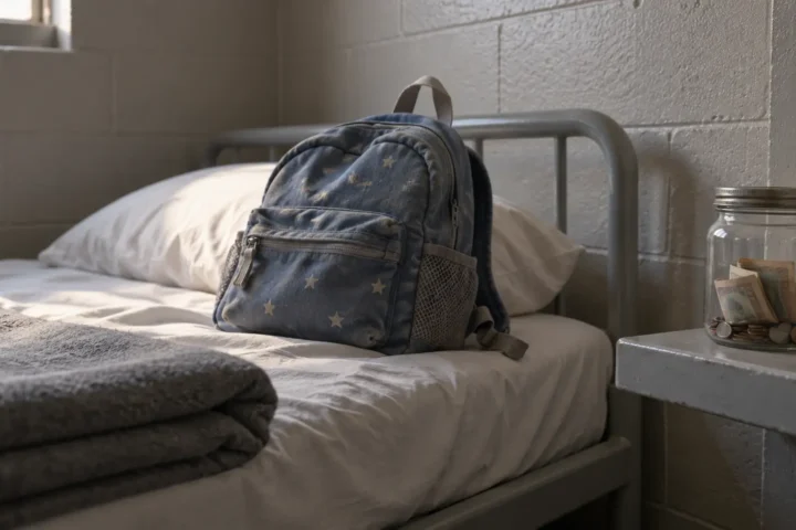 Sac à dos d'enfant sur un lit d'établissement, près d'un bocal contenant quelques billets et pièces