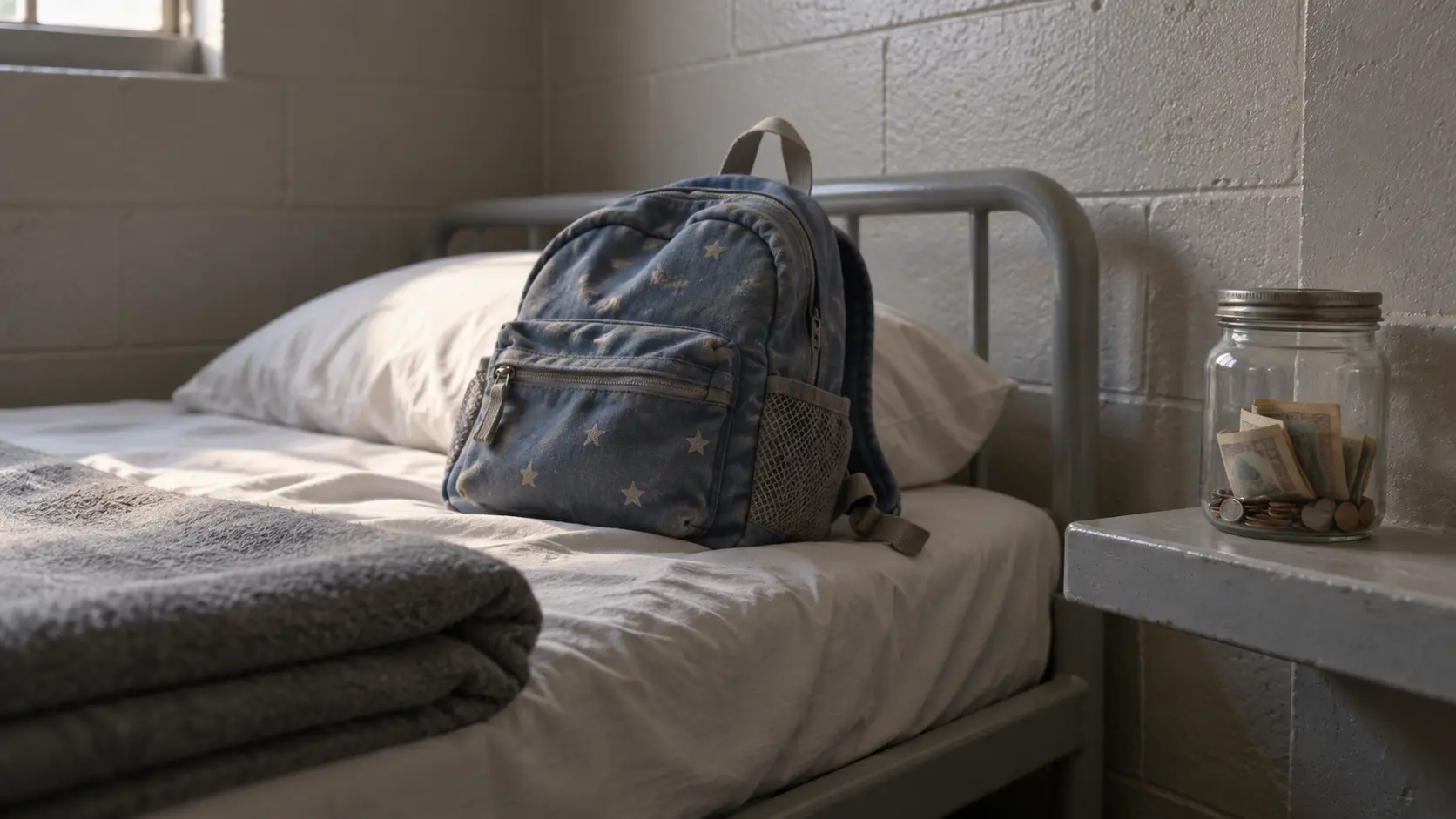 Sac à dos d'enfant sur un lit d'établissement, près d'un bocal contenant quelques billets et pièces