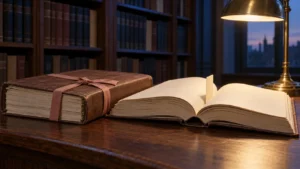 Deux dossiers judiciaires reliés sur une table de bibliothèque, dont un ouvert sur un onglet vierge