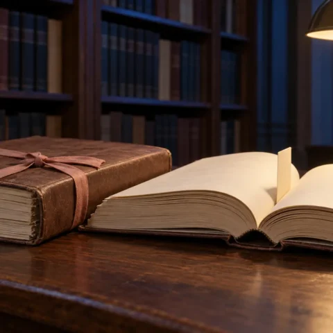 Deux dossiers judiciaires reliés sur une table de bibliothèque, dont un ouvert sur un onglet vierge