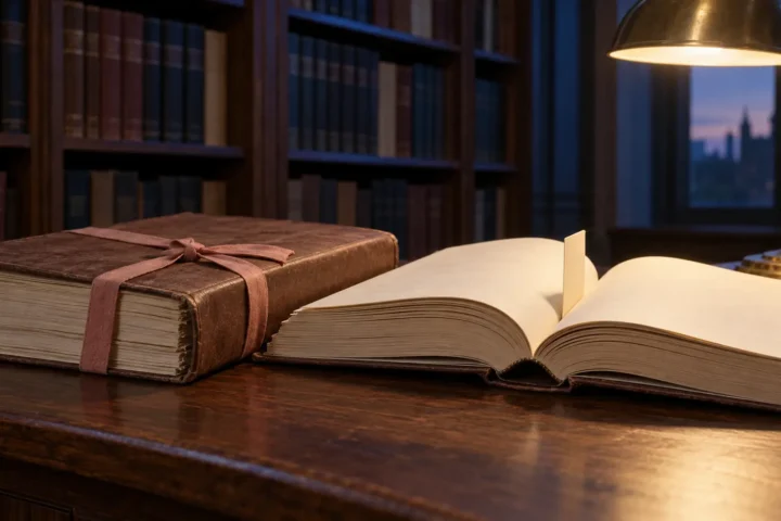 Deux dossiers judiciaires reliés sur une table de bibliothèque, dont un ouvert sur un onglet vierge