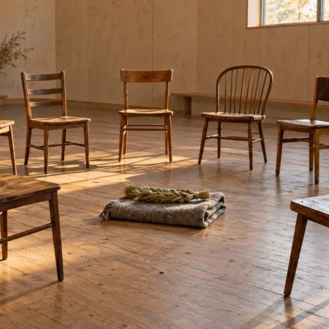 Cercle de chaises de bois vides dans une salle communautaire éclairée par une fenêtre haute