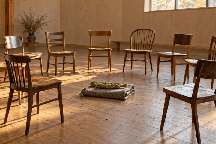 Cercle de chaises de bois vides dans une salle communautaire éclairée par une fenêtre haute