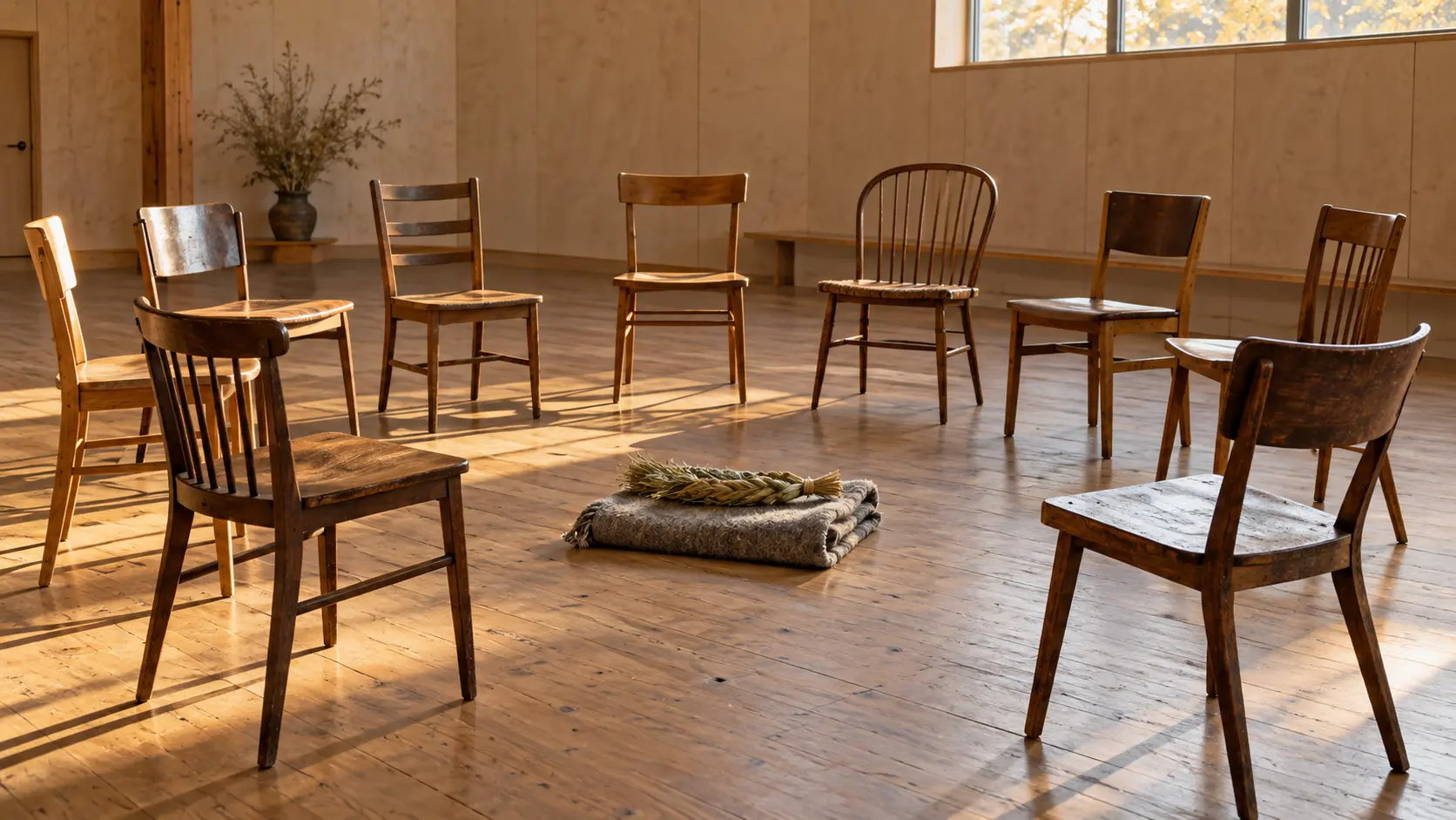 Cercle de chaises de bois vides dans une salle communautaire éclairée par une fenêtre haute