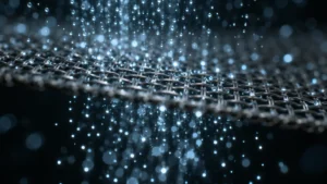 Filtre métallique à mailles fines traversé par de petits points lumineux sur fond sombre