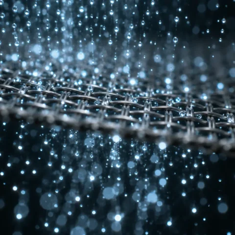 Filtre métallique à mailles fines traversé par de petits points lumineux sur fond sombre