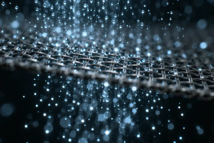 Filtre métallique à mailles fines traversé par de petits points lumineux sur fond sombre