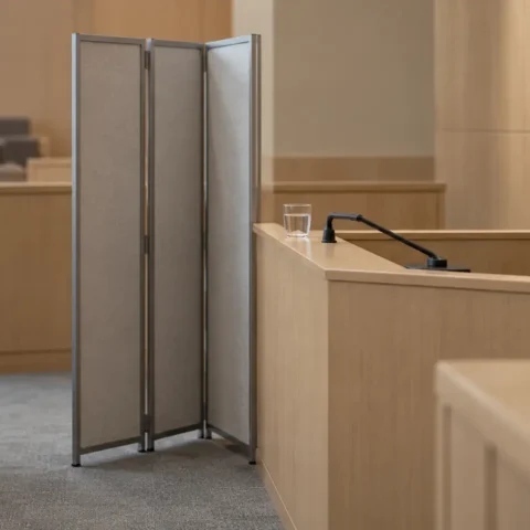 Barre des témoins vide et paravent entrouvert dans une salle d’audience