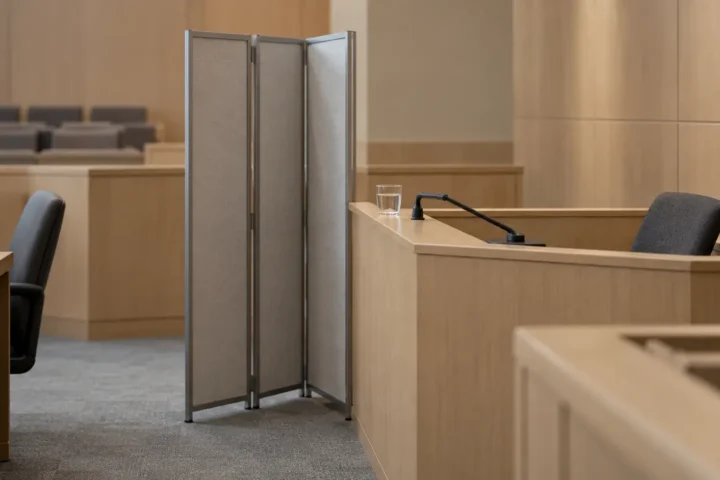 Barre des témoins vide et paravent entrouvert dans une salle d’audience