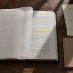 Une transcription de procès en partie masquée par du papier calque, près d'une pile de feuilles de registre, sur une table d'avocat.