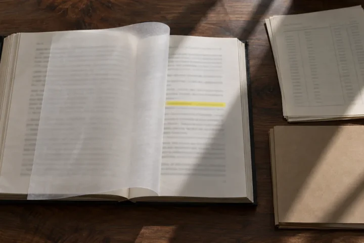 Une transcription de procès en partie masquée par du papier calque, près d'une pile de feuilles de registre, sur une table d'avocat.