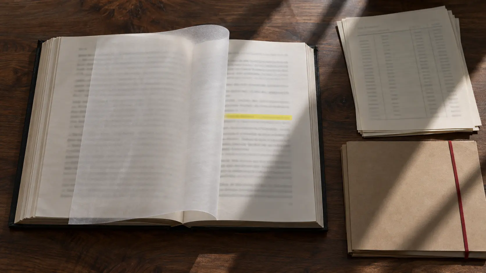 Une transcription de procès en partie masquée par du papier calque, près d'une pile de feuilles de registre, sur une table d'avocat.
