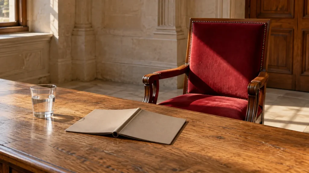 Livret refermé et chaise reculée devant une table dans une salle vide