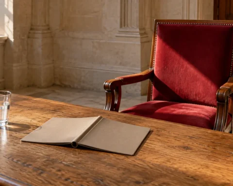 Livret refermé et chaise reculée devant une table dans une salle vide