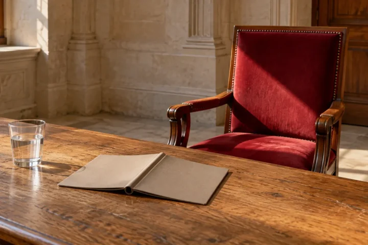 Livret refermé et chaise reculée devant une table dans une salle vide