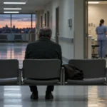 Homme dans la soixantaine, de dos, seul sur une rangée de chaises dans la salle d'attente d'un service de cardiologie