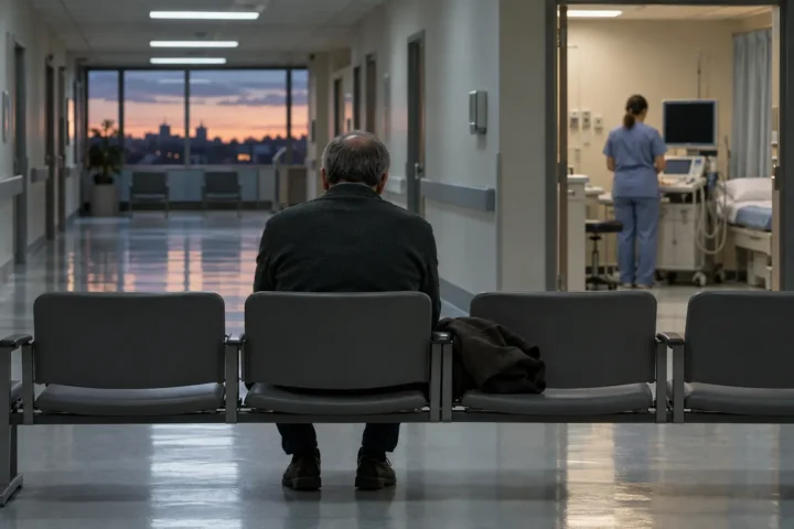 Homme dans la soixantaine, de dos, seul sur une rangée de chaises dans la salle d'attente d'un service de cardiologie