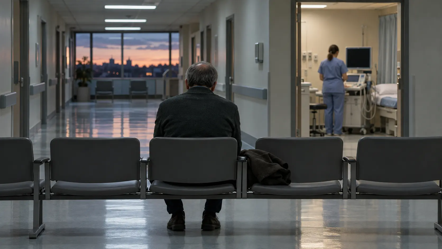 Homme dans la soixantaine, de dos, seul sur une rangée de chaises dans la salle d'attente d'un service de cardiologie